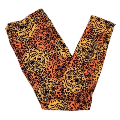 Legging LuLaRoe Halloween OS – Motif Crânes Orange Fluo Et Noir, Taille Unique, Neuf Sans étiquette