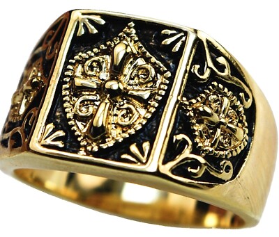 Knights Templar Crusader Crest Shield Mens ring 18K gold overlay Size 9 T32