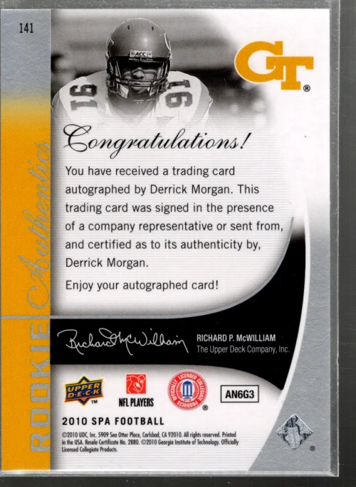 B2917- 2010 SP Authentic #141 Derrick Morgan RC Auto /599 SAMPLE PIC - Image 2 of 2
