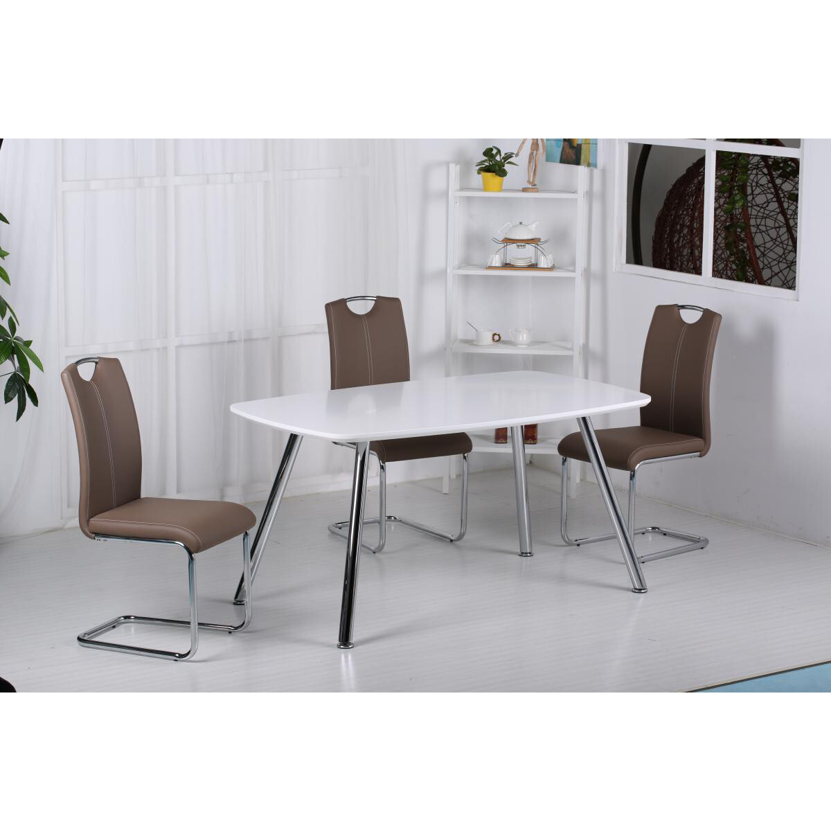 White Dining Table Gloss Rectangle Top Chrome Legs Table Only