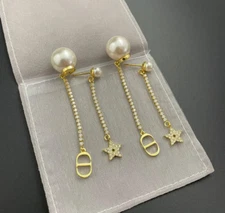 Crystal luxury CD double pearlearrings gold tone metal signature dangle earrings