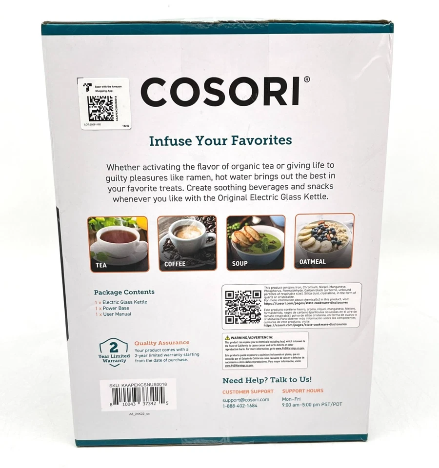 NUEVO Hervidor eléctrico de vidrio original Cosori 1500 vatios 1,7 litros modelo GK172-C0 Foto 2 de 4