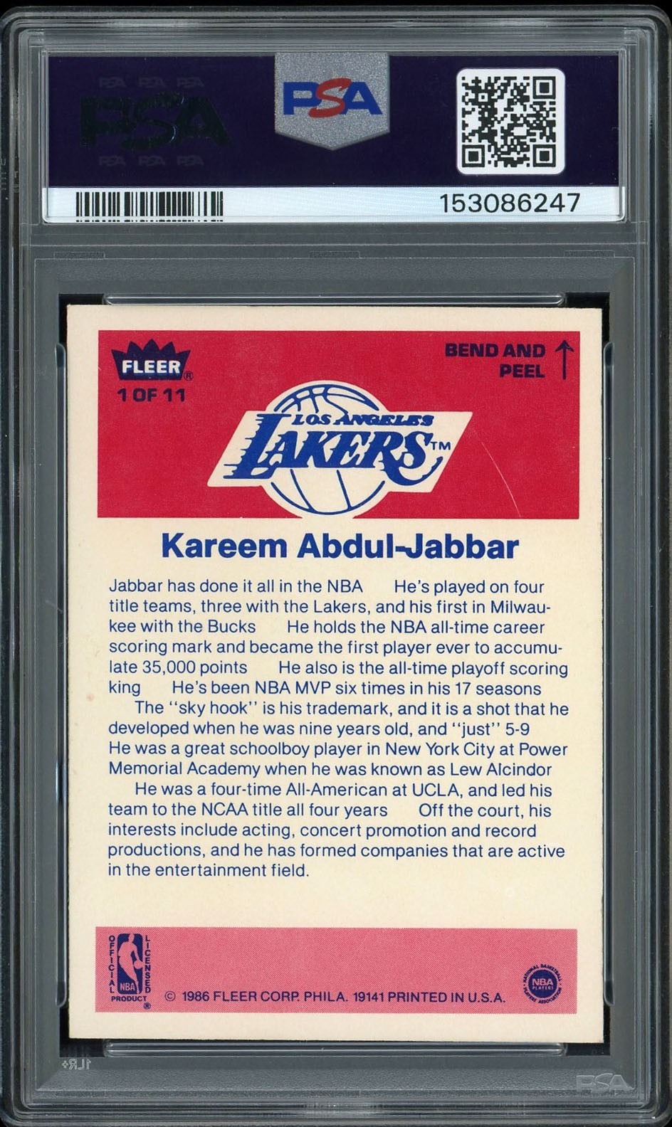 Kareem Abdul-Jabbar 1986 Fleer Sticker 1 PSA 5 EX *PERFECT CENTERING* view 2