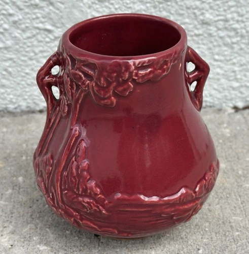 WELLER POTTERY SCENIC 6" VASE IN DEEP WINE COLOR....RARE, MINT & SIGNED WELLER