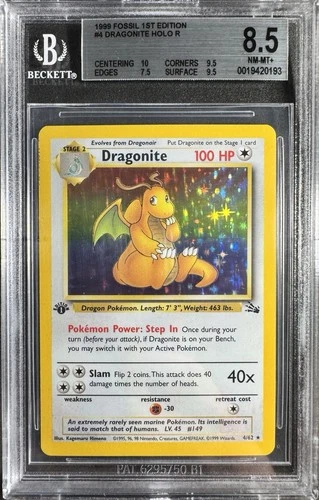 Pokemon Dragonite Fossil 1st Edition Holo Rare #4 BGS 8.5 NM/M+ with subgrades!