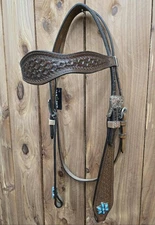 Tooled Leather Browband Headstall With Turquoise Floral Conchos