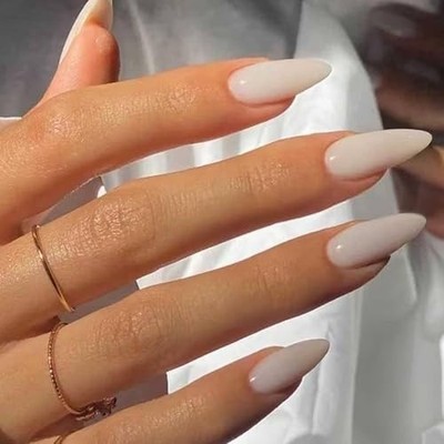 Cream White Press on Nails Medium Almond Fake Nails Solid Color 01-Cream White