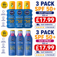 Nivea Sun SPF 50+ Protect & Moisture 3 Pack 200Ml Lotion / Spray Fast UK