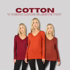 Women's V Neck Long Sleeve Cotton T Shirt Stretch Soft Basic Plain Layering Top