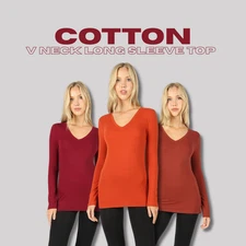 Women's V Neck Long Sleeve Cotton T Shirt Stretch Soft Basic Plain Layering Top