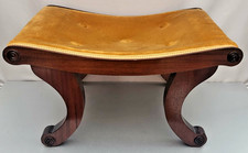 Antique Style Mahogany Curule Footstool  Regency Scroll Leg Stool  Gold Velvet