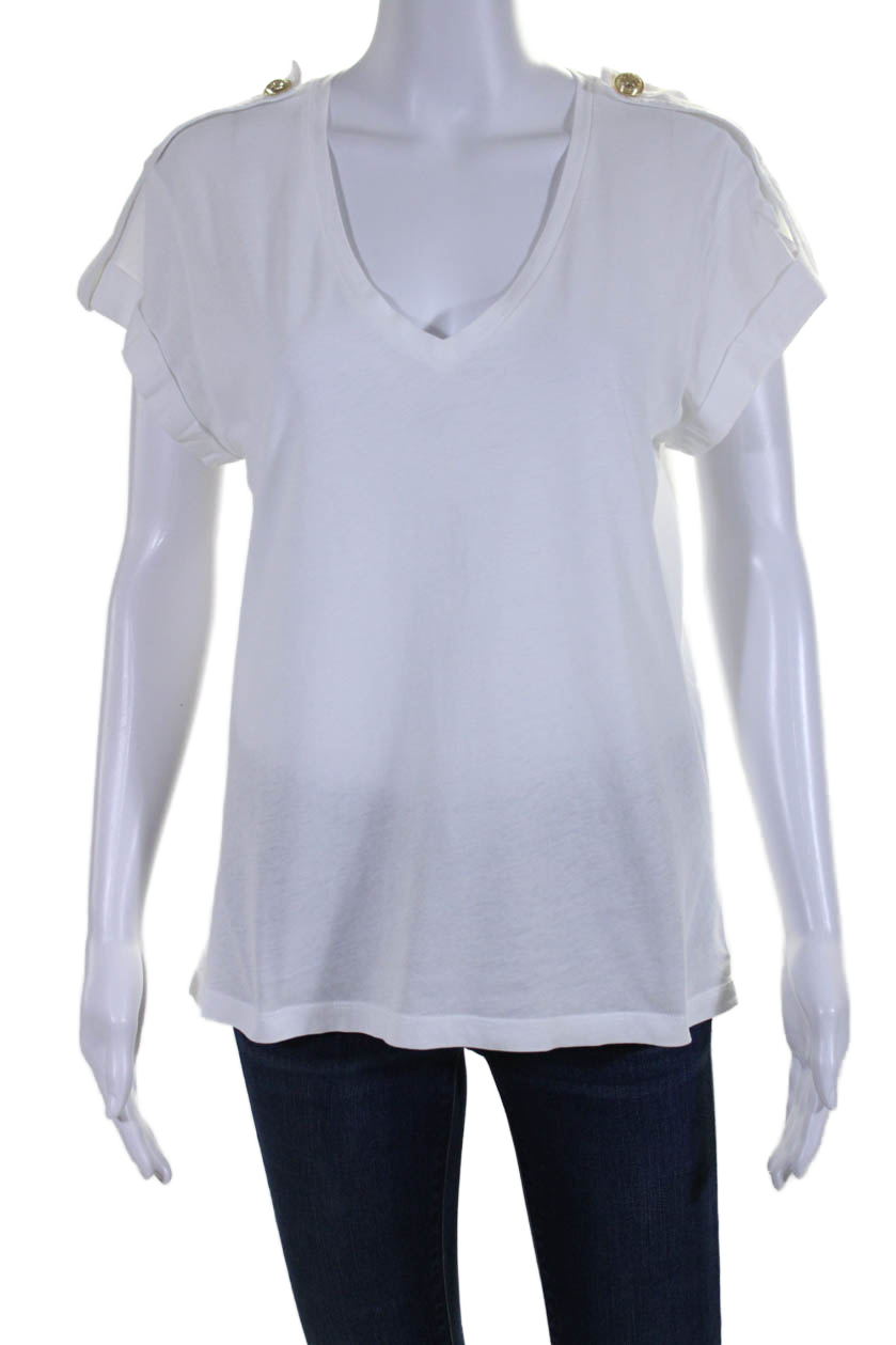 Derek Lam 10 Crosby Womens White Cotton V-Neck Button Detail Tee Size S