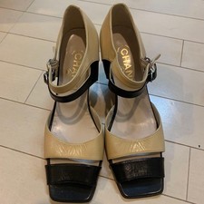 CHANEL Beige/Black Leather High Heel Pumps Strappy Shoes EU38 Japan F/S USED