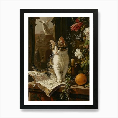 Katze saß auf Buch Rokoko inspiriert Pai gerahmtes Wandbild Poster Leinwanddruck Bild