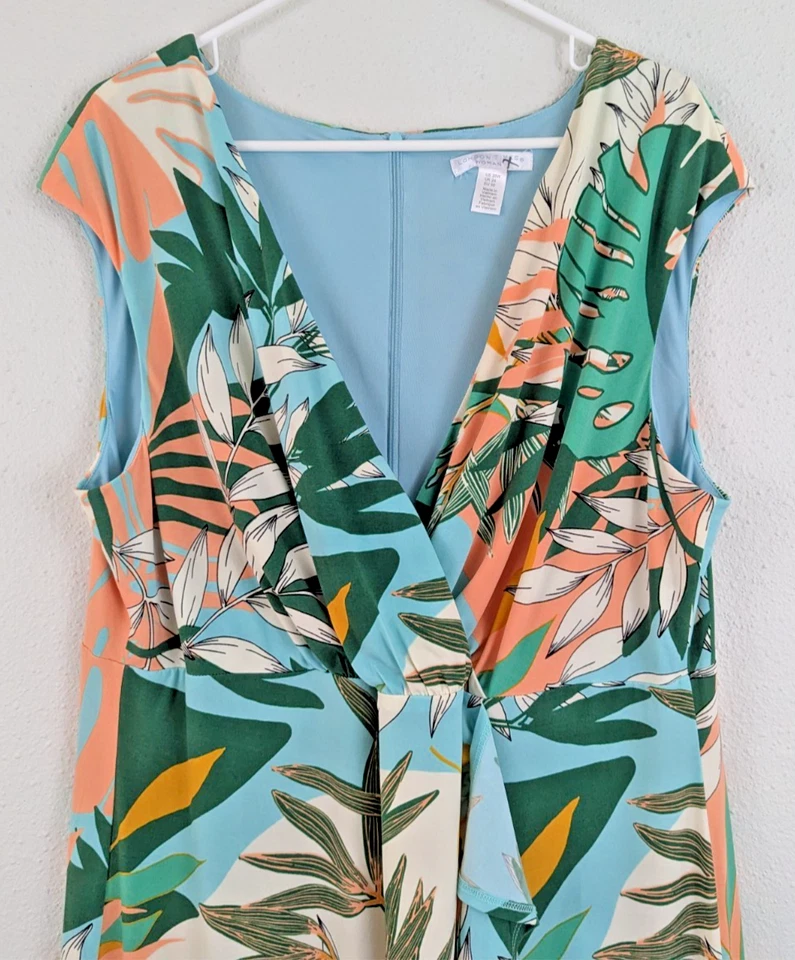London Times sz 20W Midi Dress sleeveless tank slinky leaf print colorful 1363 - Image 2 of 4