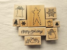 Lot of 10 Christmas Happy Holidays Wood Mount Rubber Stamps- Snowman Angel Star