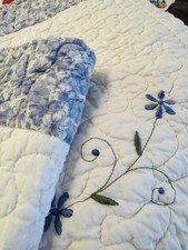 JCPenney Blue * Ivory COTTAGE Valance Quilted & Embroidery 14" x 50" FLORALS 3AV