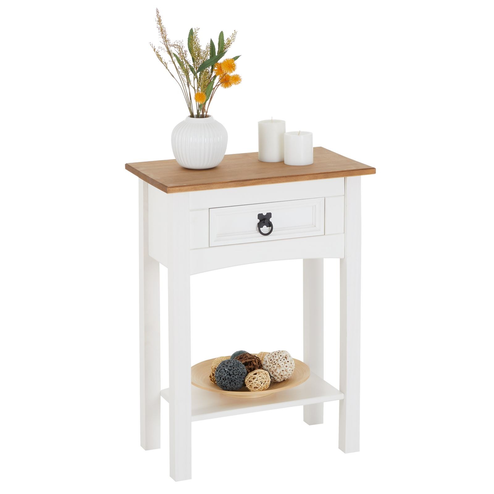 Console en pin blanc et brun style mexicain avec tiroir et étagère de rangement pour entrée Corona