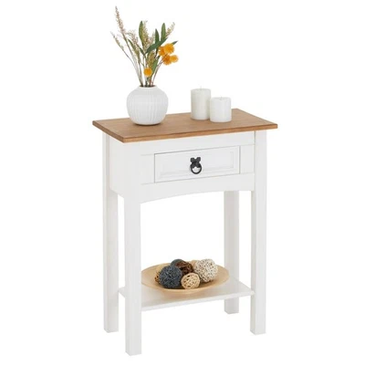 Console table meuble d'appoint style mexicain 1 tiroir 1 étagère pin blanc/brun - Photo 1/4