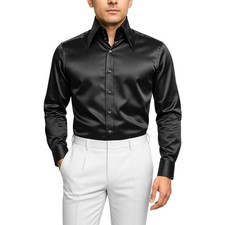 Camicia uomo festa matrimonio vintage collo alto lungo a punta nero lucido abito raso