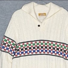 Jantzen Mens Sweater Fair Isle Vintage Size XL USA Cable Knit Cream Grandpa