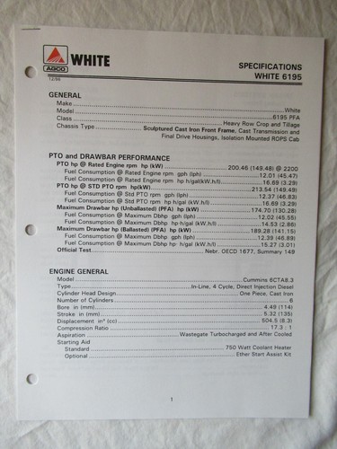 Trattore AGCO Bianco 6100 6195 Specifiche Tecniche Solo Manuale Rivenditore - Foto 2 di 8