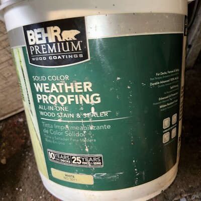 (3) 5 Gallon Behr premium Solid Color (white) Weather Proofing Stain & Sealer
