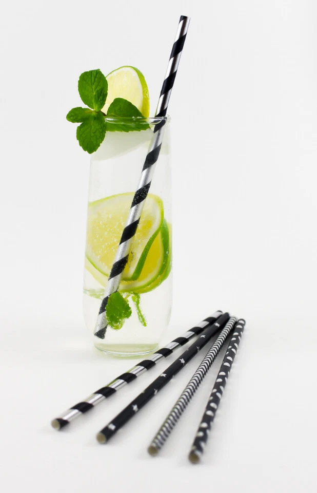 Black, Silver Straws Disposable Drinking Straws 100 For Cocktails Birthday Party - Image 3 of 4
