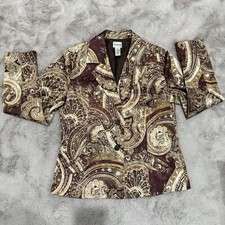 Chicos Size 1 Brown Paisley Design Suit Shiny Dressy Lined Blazer Jacket Festiva
