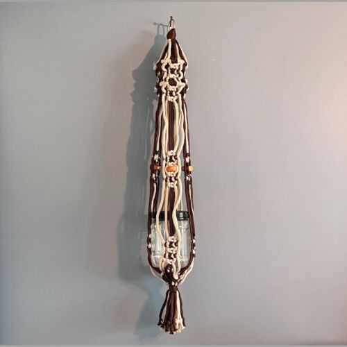 Medium 38" Handmade Macrame Brown Beige Boho 1 Plant Hanger Wood Beads Vintage