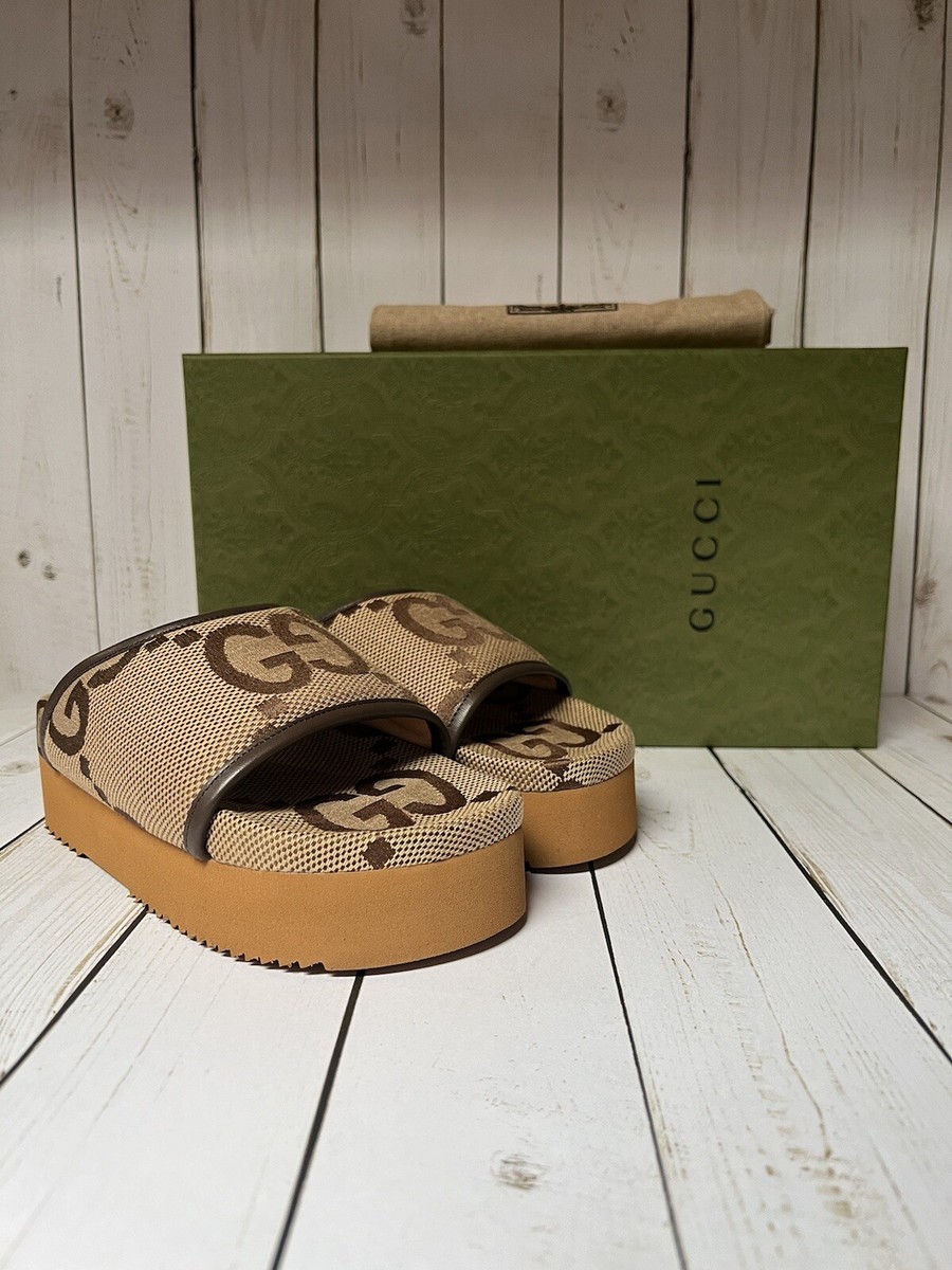 GUCCI GGパターン ミュール ブラウン Gucci Jumbo Monogram GG Platform Slide Sandal Camel/Ebony Sz 35