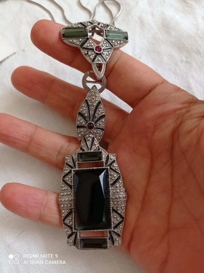 NUEVO ALMACÉN Collar Colgante Articulado Tono Plateado-68cm Largo-Verde Oscuro/Rosa Foto 4 de 4