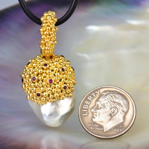 Originale South Sea Pearl Pendant, Oro Vermiglio Argento Sterling & Ruby 12.47 G - Foto 12 di 12