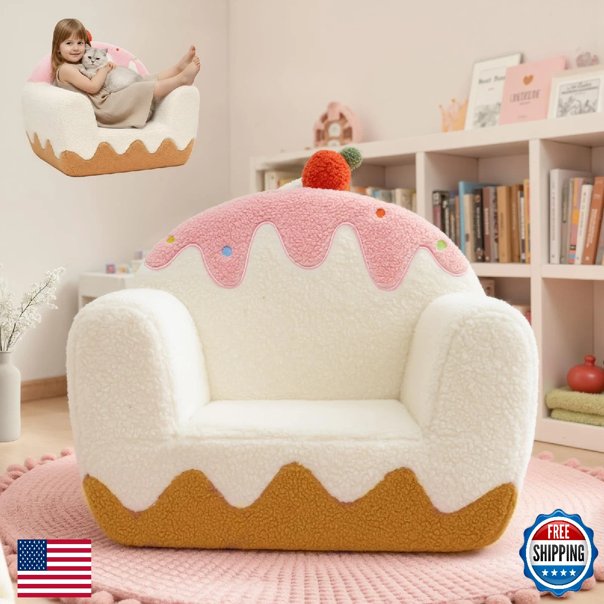OUOZZZ Toddler Chair for Ages 1–6, Soft Sherpa Kids Sofa with Book Pocket & Carr
