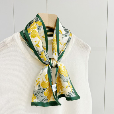 100% Mulberry Silk Neckerchief Wrap Scarf Women Yellow petals Print 150X16cm new