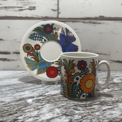 Villeroy Boch Acapulco 3” Coffee Tea Mug Blue Stamp 5.5” Saucer Small Espresso