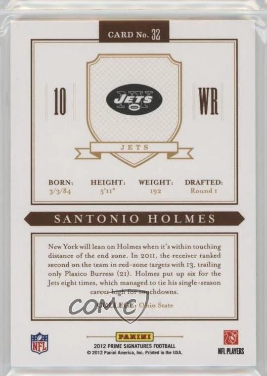 2012 Panini Prime Signatures Prime Proof Green /25 Santonio Holmes #32 - Image 2 of 2