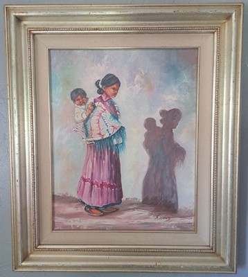 Vintage Signed Oil Painting Mother Child Traditional Dress Shadow Framed 24x28