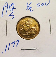 1912 S *Sidney Mint* UK Gold King George V  AU Half Sovereign 0.1178 AGW