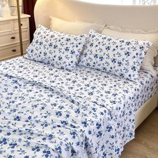 4-Piece Queen Sheet Set Floral Printed 16" Deep Pocket Ultra Soft Blue Blossom