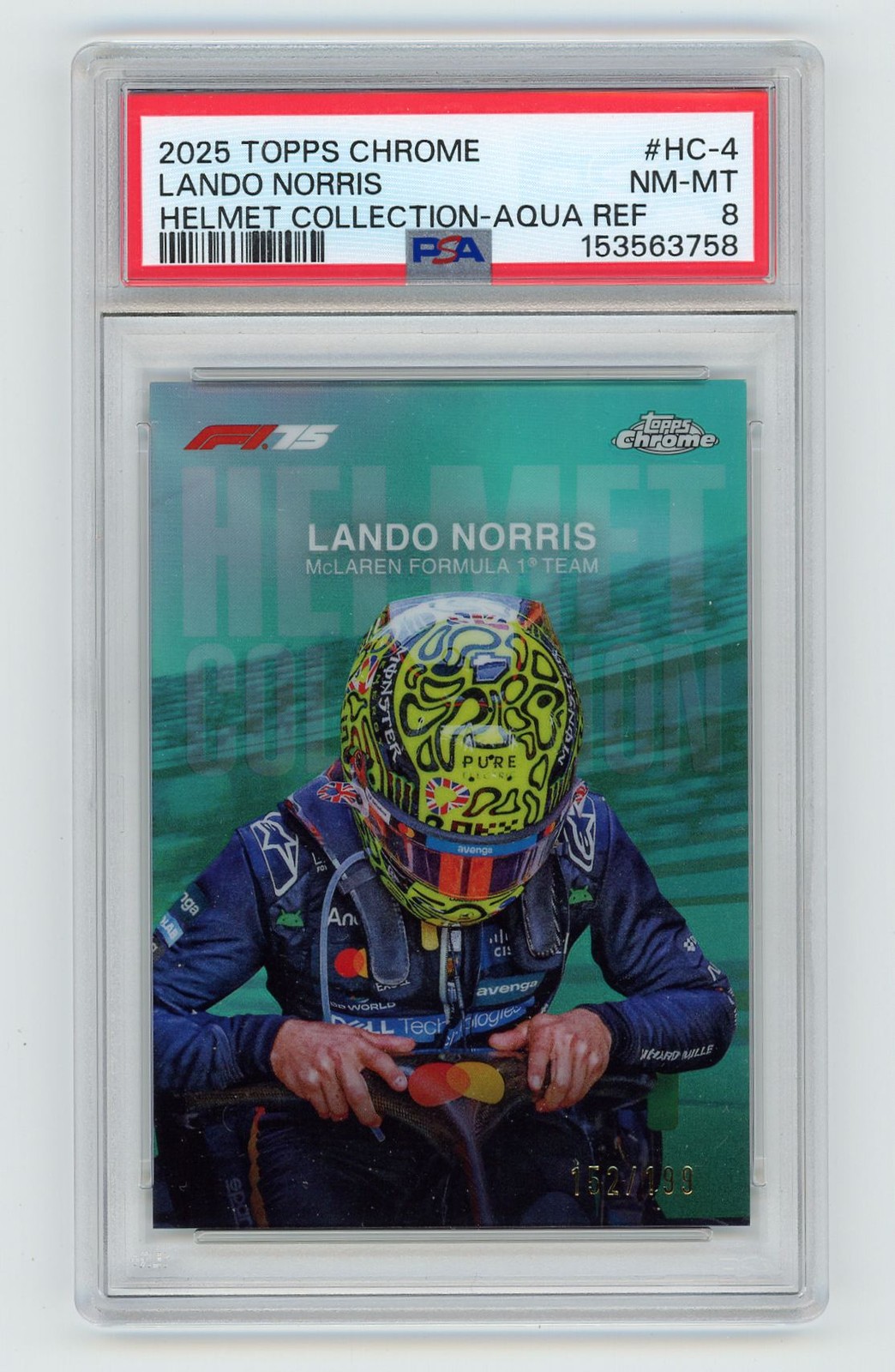 2025 Topps Chrome Formula 1 Lando Norris Helmet Collection Aqua Refractor PSA 8 view 1