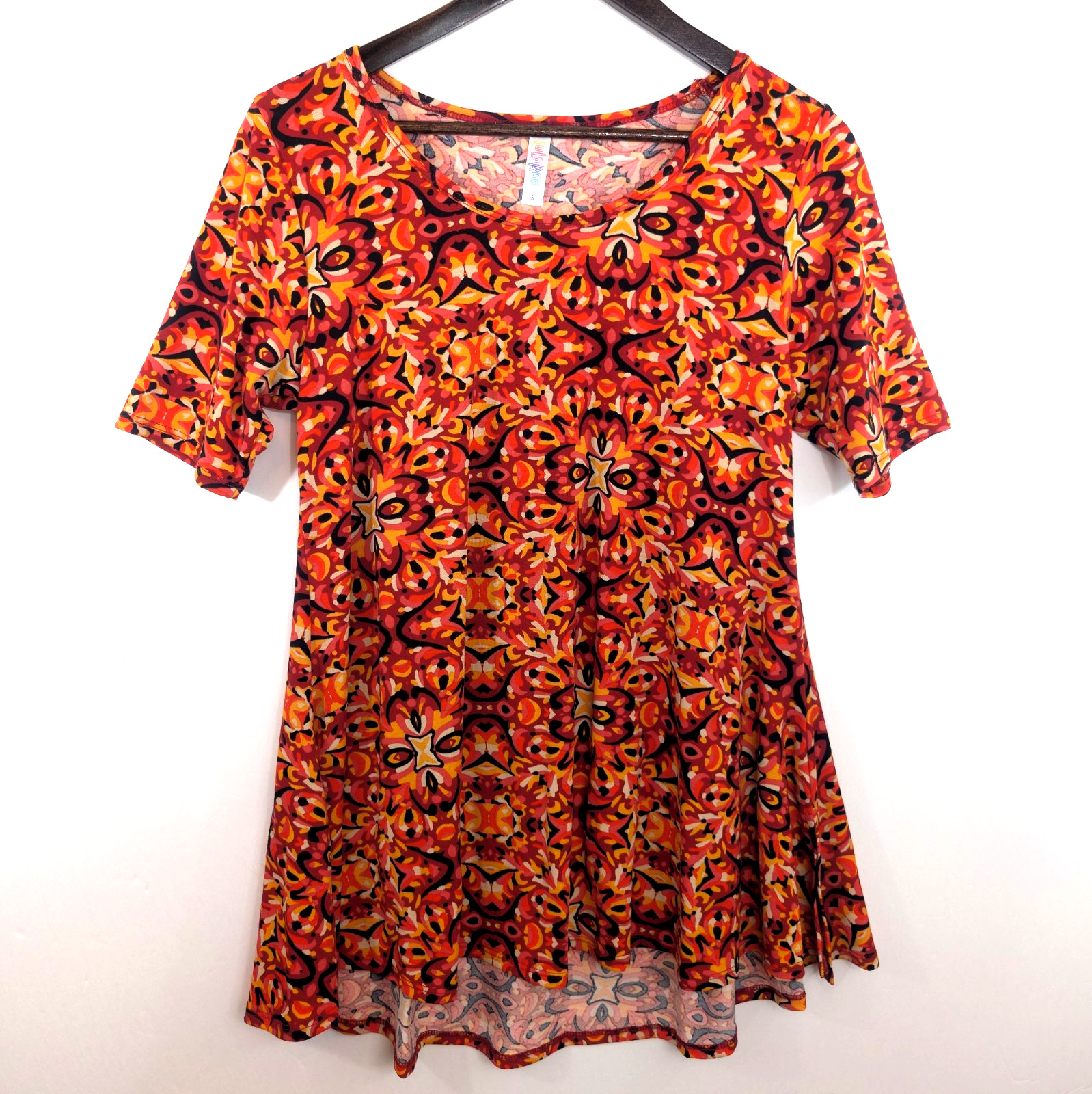 LuLaRoe Perfect T Size S Orange Red Yellow Floral Geometric Swing Top NWT