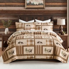 King Size Quilt Set - 100 Cotton Rustic Animal Patchwork Design Bedspread Se...