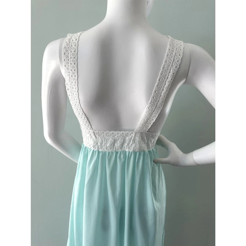 1970s Vintage Aqua Blue Lace Trim Maxi Nightgown Lingerie Dress size 38 M/L - Image 4 of 4
