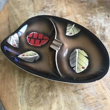 Vtg Japanese Floral Leaf Ashtray Ceramic Green & Brown Cigarettes Cigars