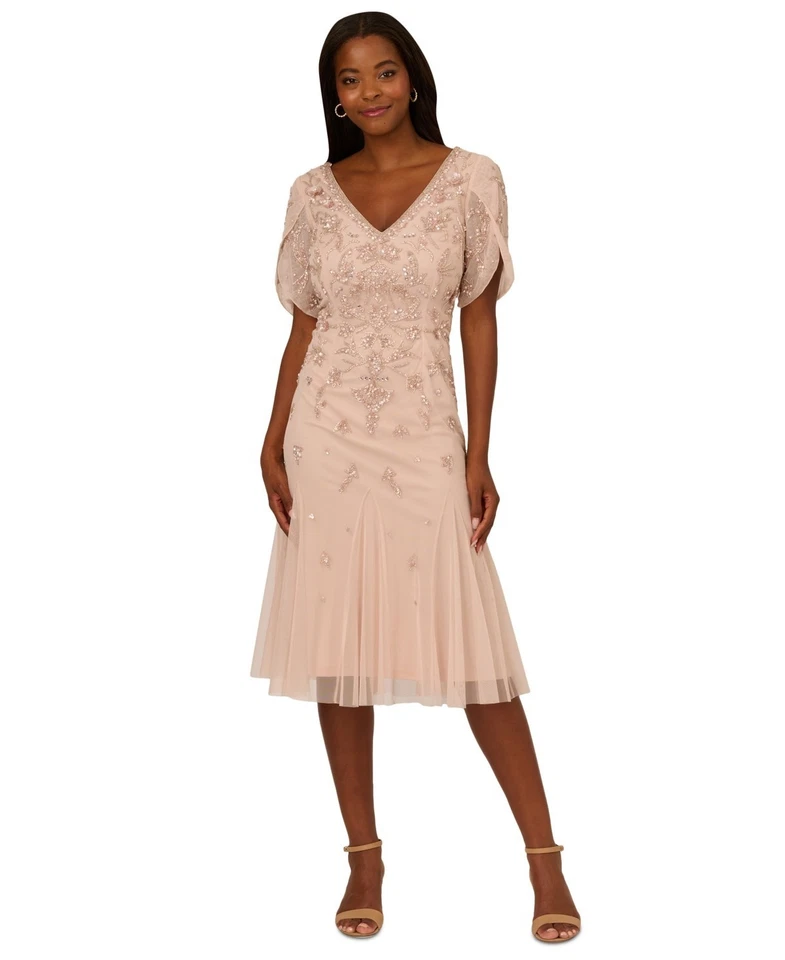 Adrianna Papell Women's Beaded Mesh Godet MIDI Dress - Shell-16/DAMAGED - Image 2 of 4