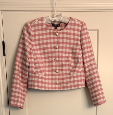 J Crew Sz 0 Louisa Lady Jacket Pink Gingham Terry Tweed NWT BR726