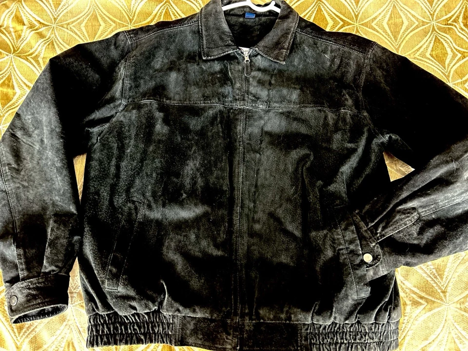 Chaqueta de cuero de gamuza negra vintage - para hombre talla XL hombros 22 pecho 50"