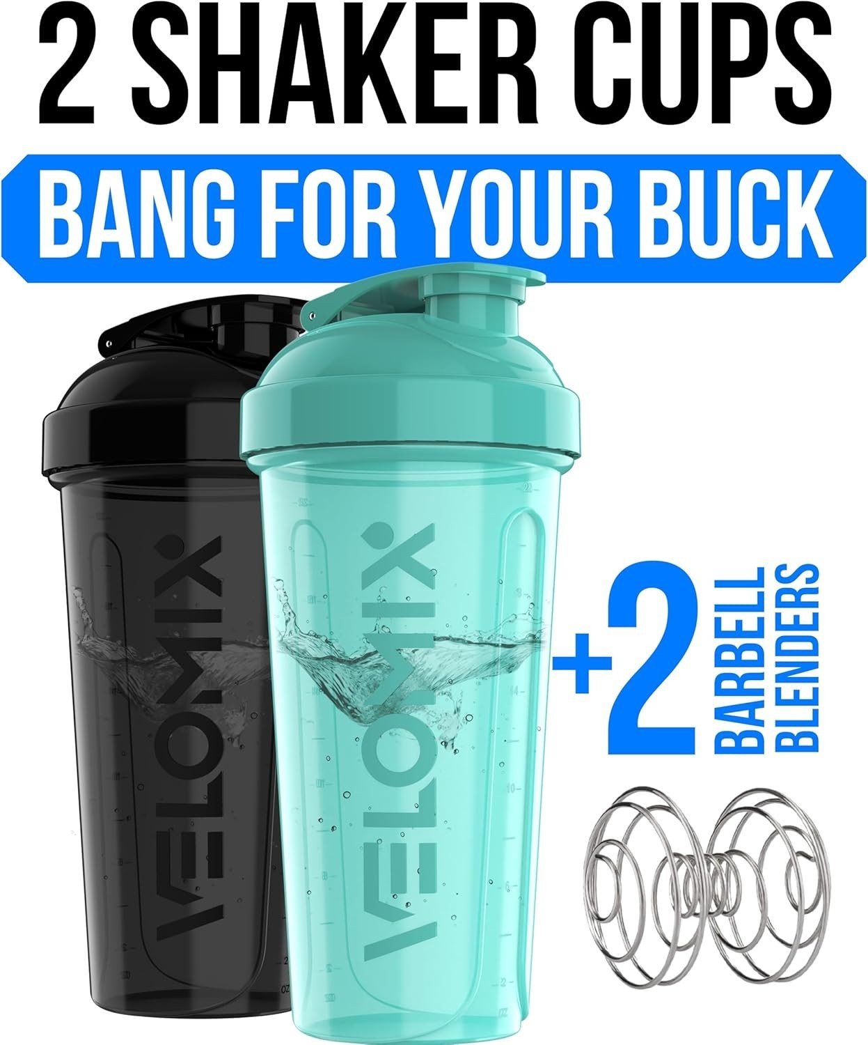 VELOMIX 2 Pack 28 oz Protein Shaker Bottles Leak Proof Wire Whisk Black Turquois