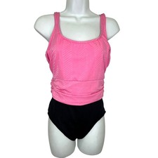 Jantzen Sz 12 Pink Black Chevron Print Ruched Waist One Piece Swim Bathing Suit